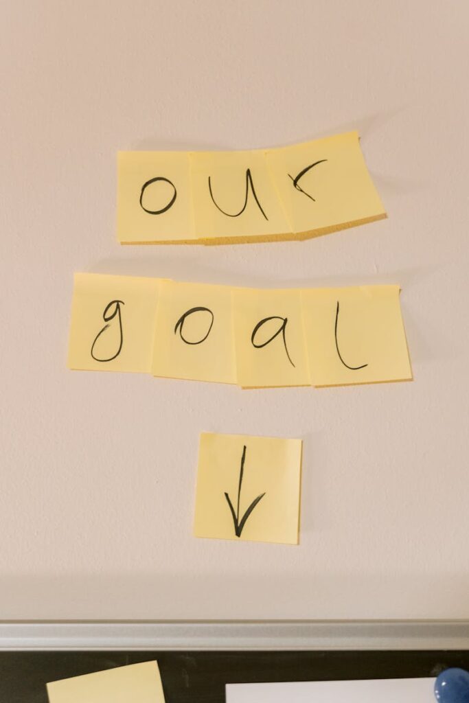 Sticky notes with the text 'our goal' on a wall emphasizing objectives.